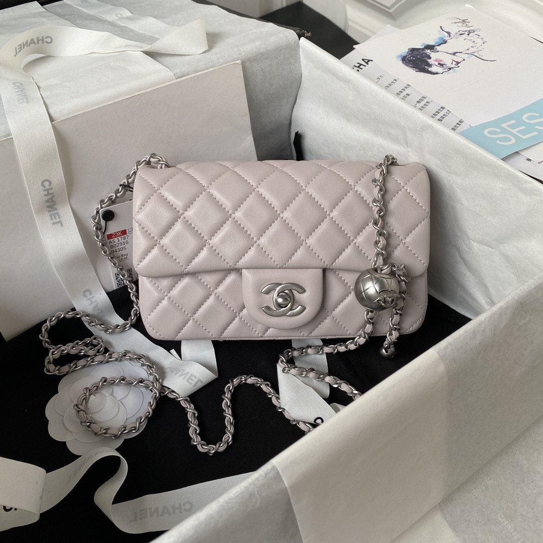 Ch**el MINI FLAP BAG SHINY CALFSKIN & SILVER-TONE METAL LIGHT PINK 4.7 × 7.8 × 2.3 in