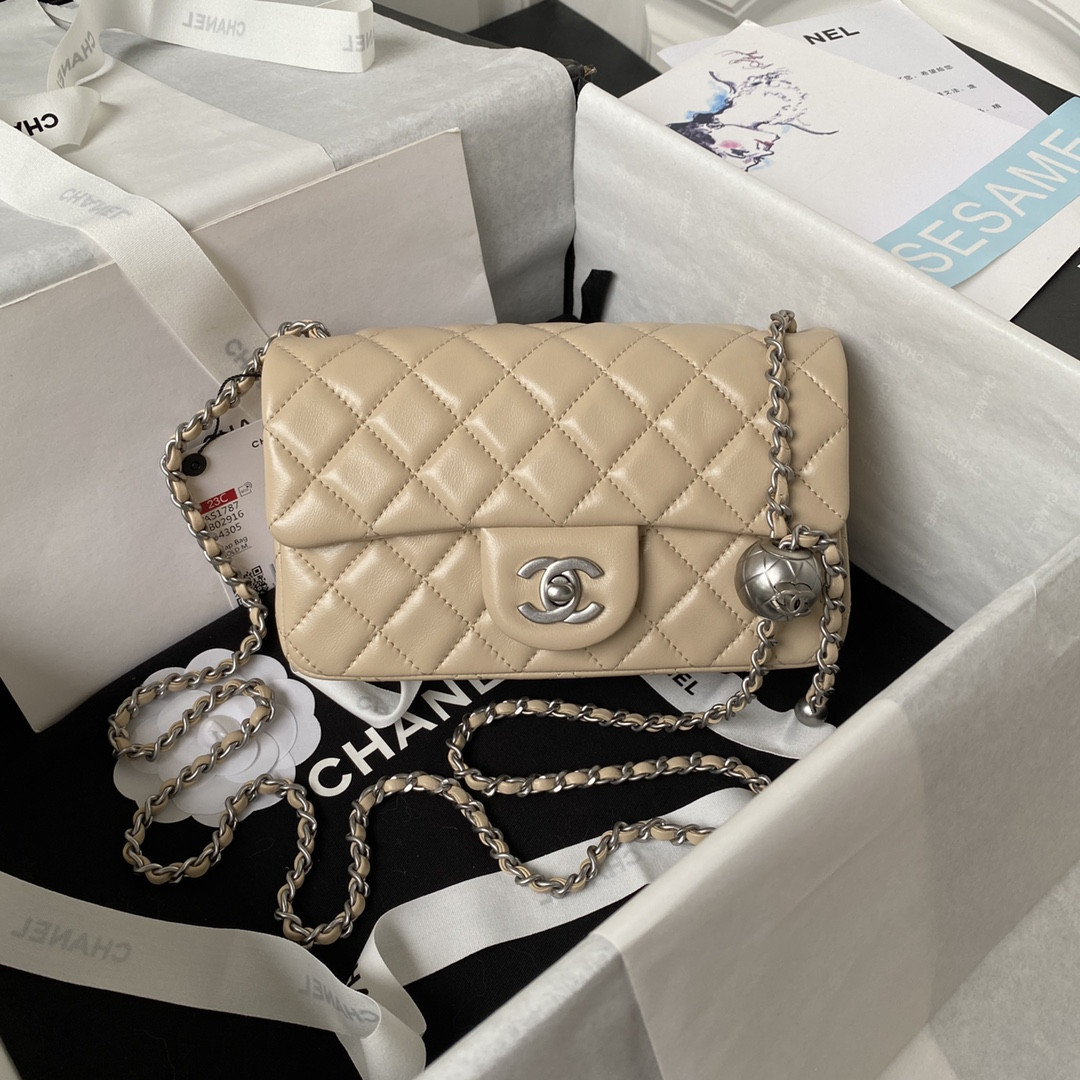 Ch**el MINI FLAP BAG SHINY CALFSKIN & SILVER-TONE METAL LIGHT beige 4.7 × 7.8 × 2.3 in