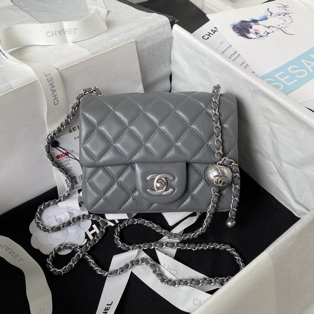Ch**el MINI FLAP BAG SHINY CALFSKIN & SILVER-Tone METAL GRAY 5.3 × 6.6 × 3.1 in