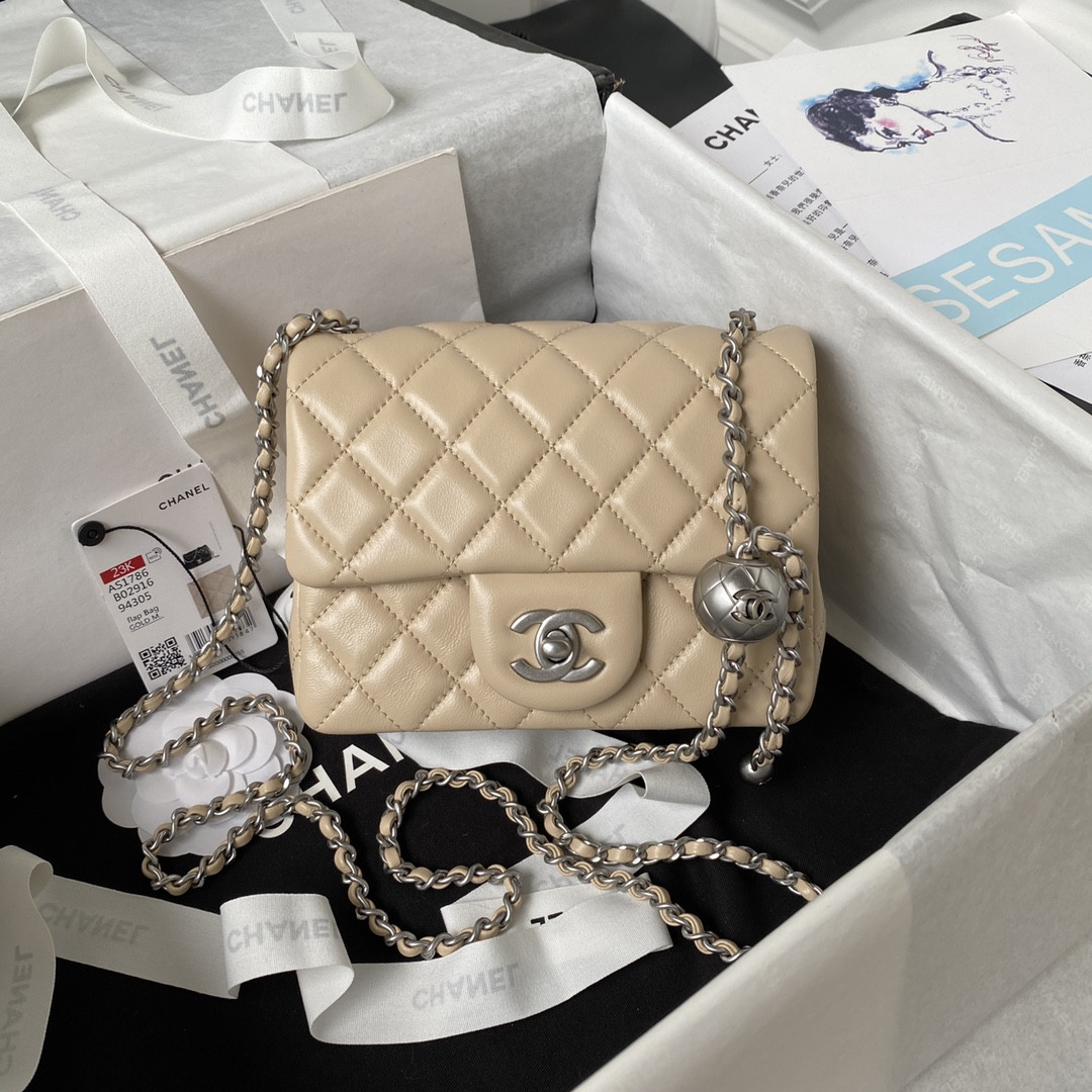 Ch**el MINI FLAP BAG SHINY CALFSKIN & SILVER-Tone METAL COFFEE 5.3 × 6.6 × 3.1 in