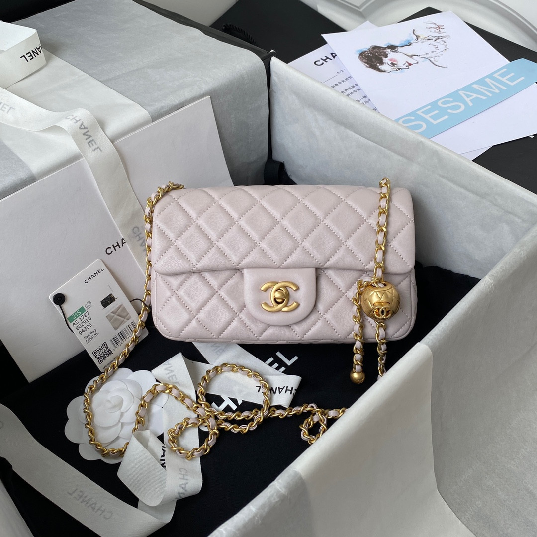 Ch**el MINI FLAP BAG SHINY CALFSKIN & gold-TONE METAL LIGHT pink 4.7 × 7.8 × 2.3 in