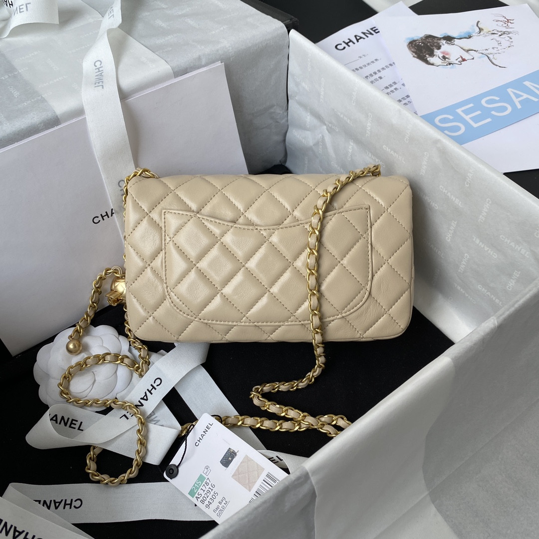 Ch**el MINI FLAP BAG SHINY CALFSKIN & gold-TONE METAL LIGHT beige 4.7 × 7.8 × 2.3 in