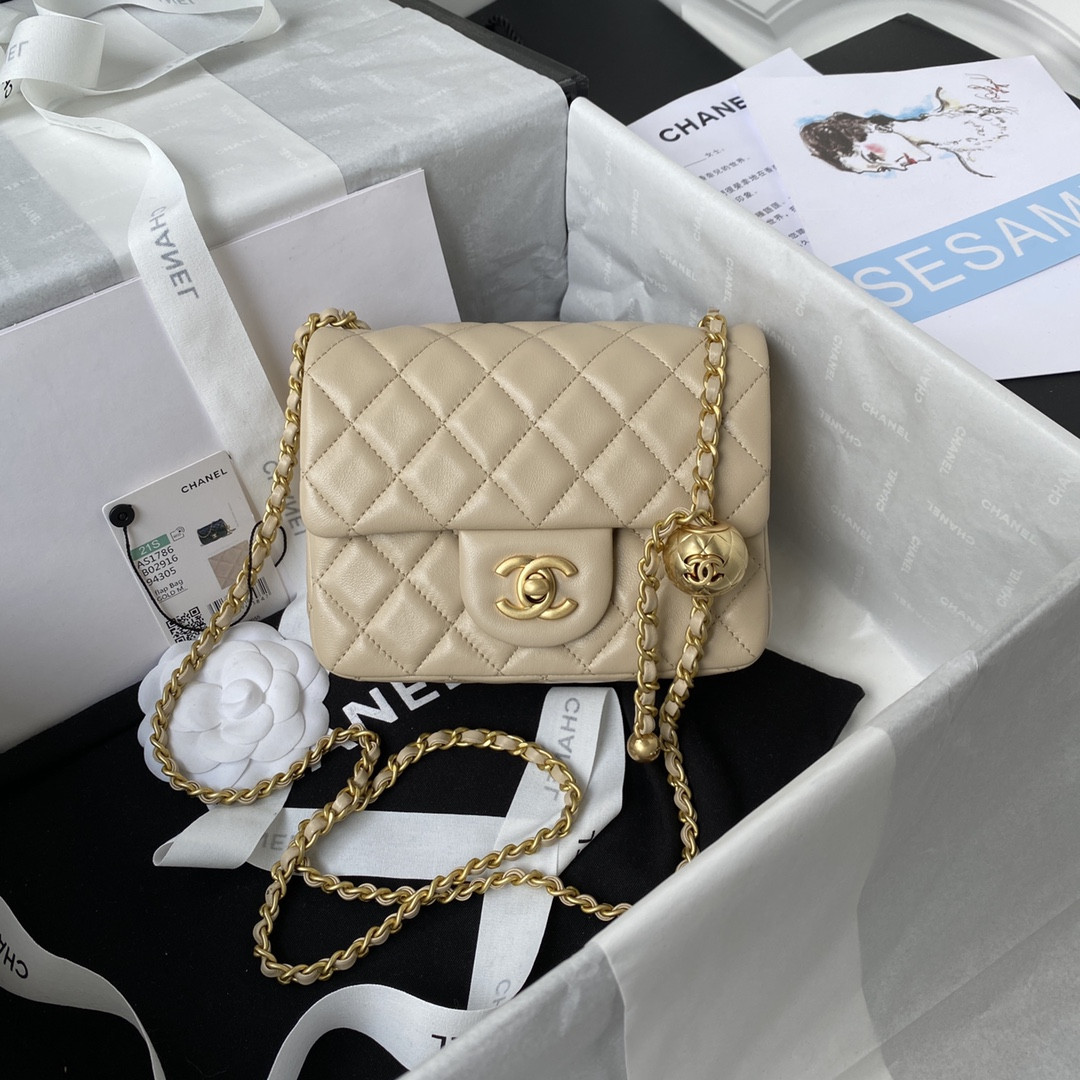 Ch**el MINI FLAP BAG SHINY CALFSKIN & Gold-Tone METAL Beige 5.3 × 6.6 × 3.1 in