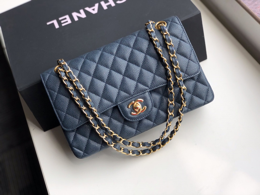 Ch**el CLASSIC HANDBAG GRAINED CALFSKIN & GOLD-TONE METAL NAVY 6 × 9.9 × 2.5 in