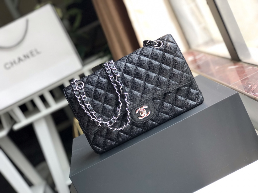 Ch**el CLASSIC HANDBAG GRAINED CALFSKIN & SILVER-TONE METAL black 6 × 9.9 × 2.5 in