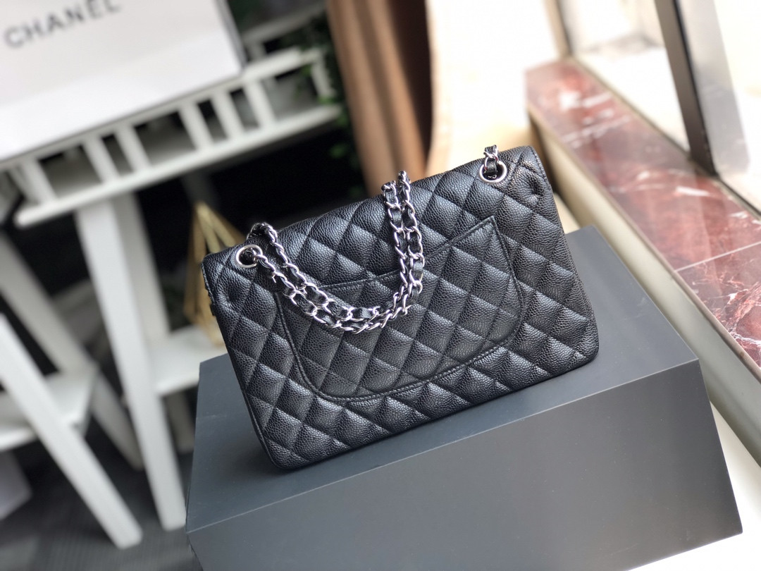 Ch**el CLASSIC HANDBAG GRAINED CALFSKIN & SILVER-TONE METAL black 6 × 9.9 × 2.5 in