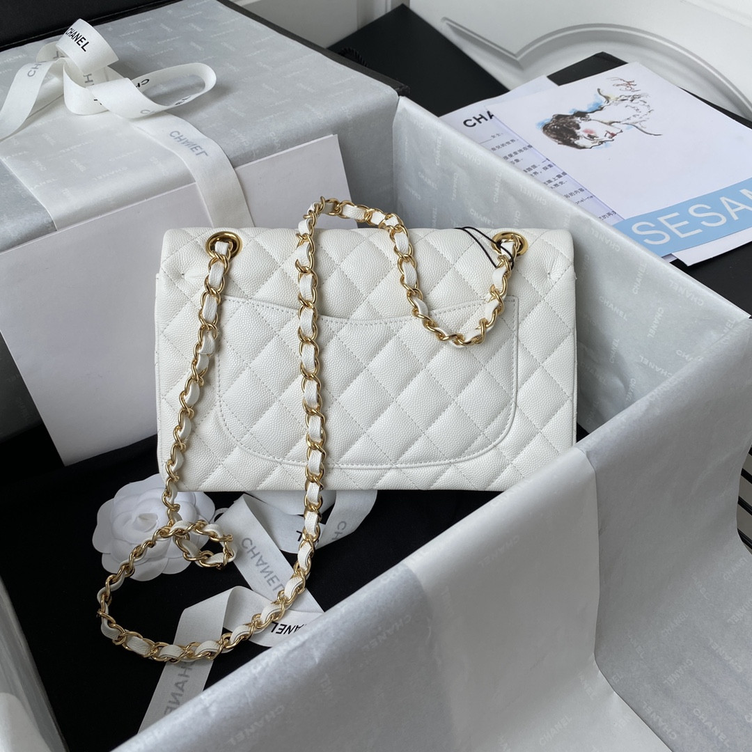Ch**el SMALL CLASSIC HANDBAG Grained Calfskin & Gold-Tone Metal White 5.7 × 9 × 2.3 in