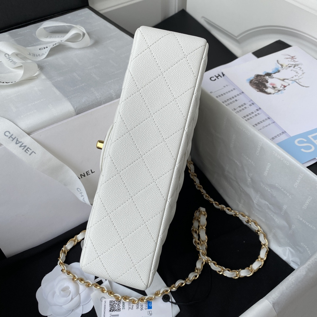 Ch**el SMALL CLASSIC HANDBAG Grained Calfskin & Gold-Tone Metal White 5.7 × 9 × 2.3 in