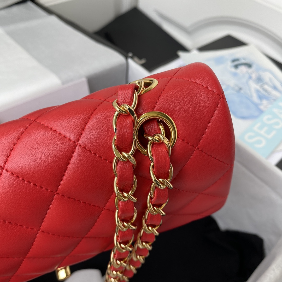 Ch**el SMALL CLASSIC HANDBAG LAMBSKIN & Gold-TONE METAL Red 5.7 × 9 × 2.3 IN