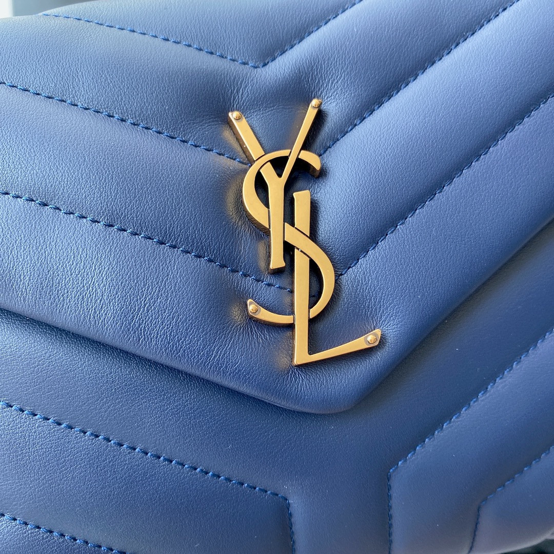 Y51 LOULOU SMALL IN QUILTED LEATHER BLUE GOLD 9 X 6.1 X 3.3 INCHES