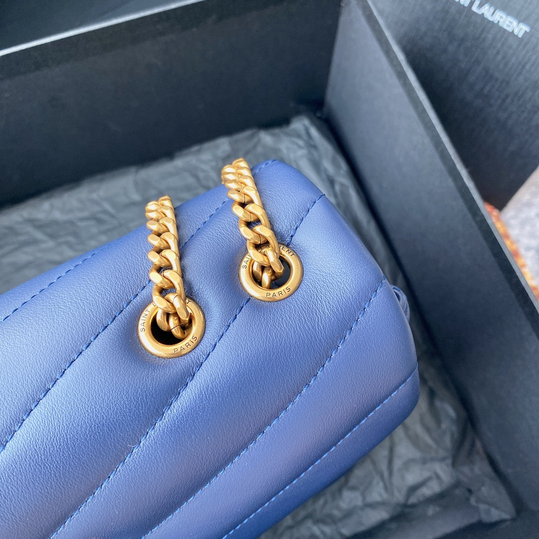 Y51 LOULOU SMALL IN QUILTED LEATHER BLUE GOLD 9 X 6.1 X 3.3 INCHES
