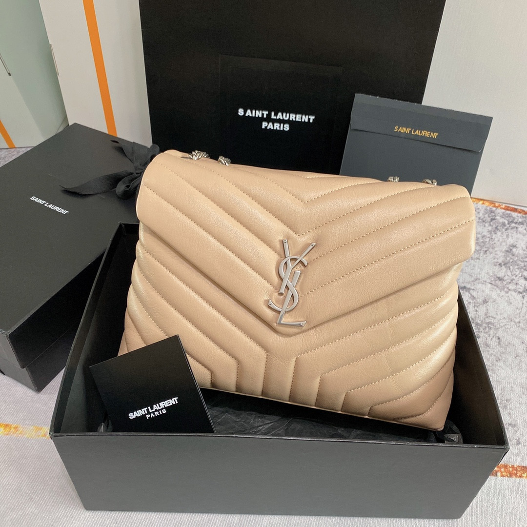 Y51 LOULOU MEDIUM IN QUILTED LEATHER DARK BEIGE SILVER 12.5 X 8.6 X 3.5 INCHES