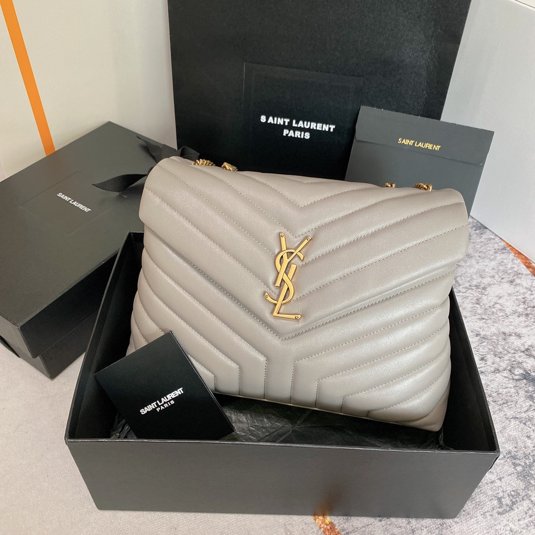 Y51 LOULOU MEDIUM IN QUILTED LEATHER GREYISH BROWN 12.5 X 8.6 X 3.5 INCHES