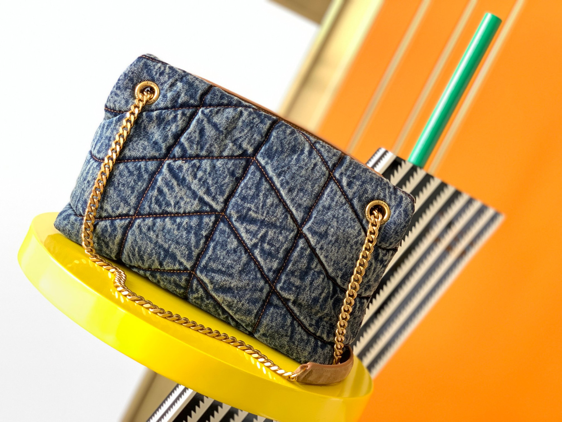 y51 puffer small in suede and De*1m rodeo blue 11.4 x 6.6 x 4.3 inches