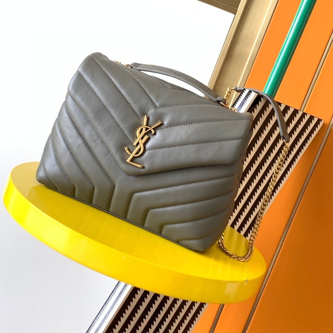 Y51 LOULOU SMALL IN QUILTED LEATHER GRAY GOLD 9 X 6.1 X 3.3 INCHES