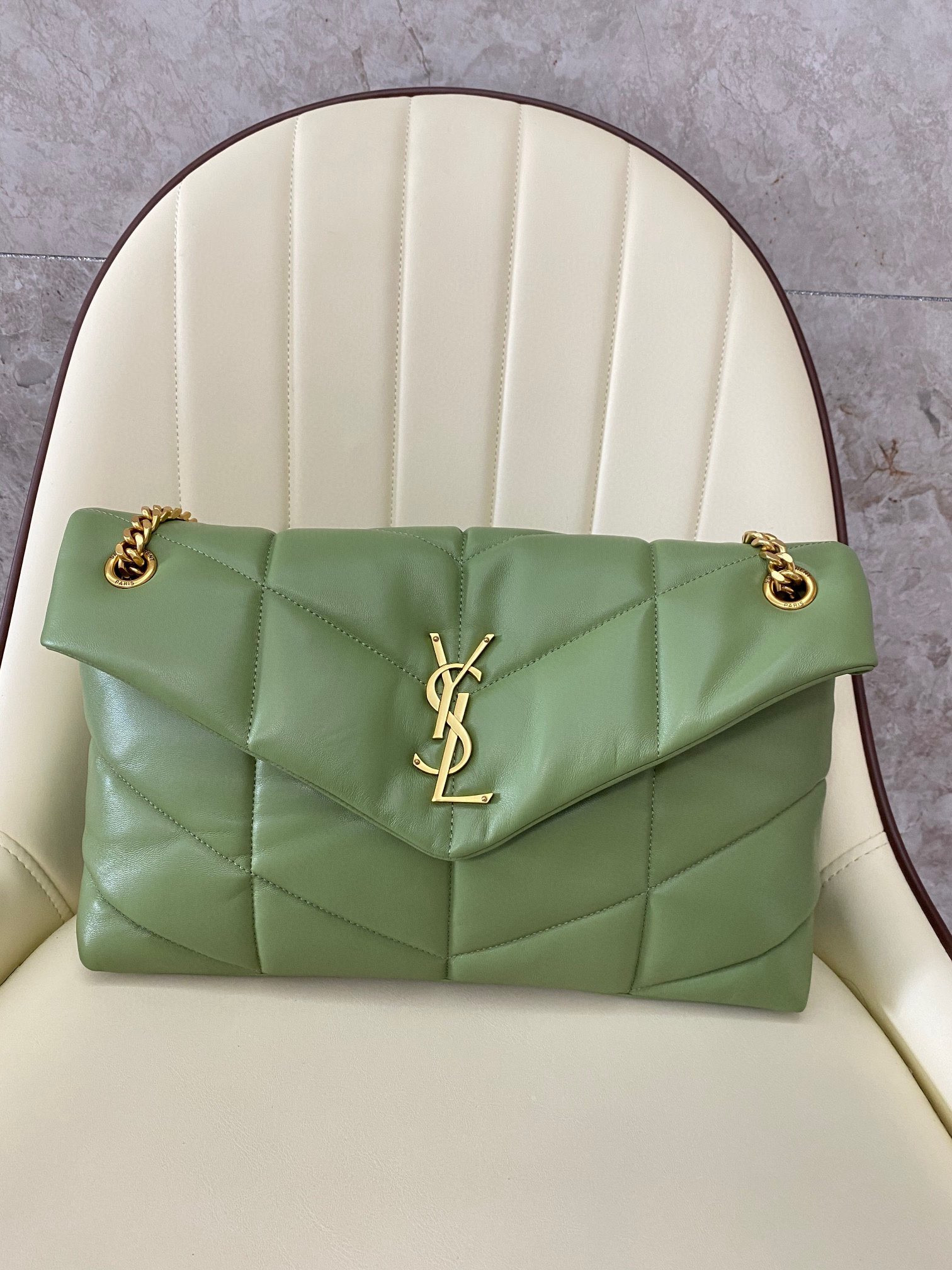 Y51 PUFFER MEDIUM IN NAPPA LEATHER LIGHT GREEN 13.7 X 9 X 5.3 INCHES