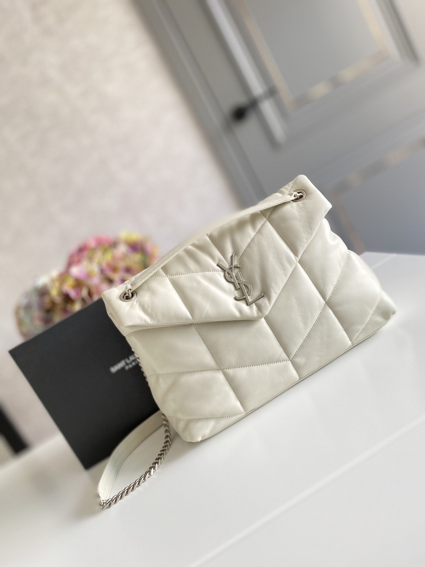 Y51 PUFFER MEDIUM IN NAPPA LEATHER WHITE SILVER 13.7 X 9 X 5.3 INCHES