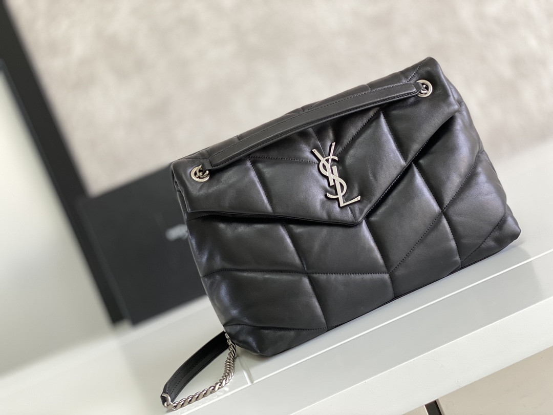 Y51 LOULOU PUFFER MEDIUM IN NAPPA LEATHER BLACK SILVER 13.7 X 9 X 5.3 INCHES