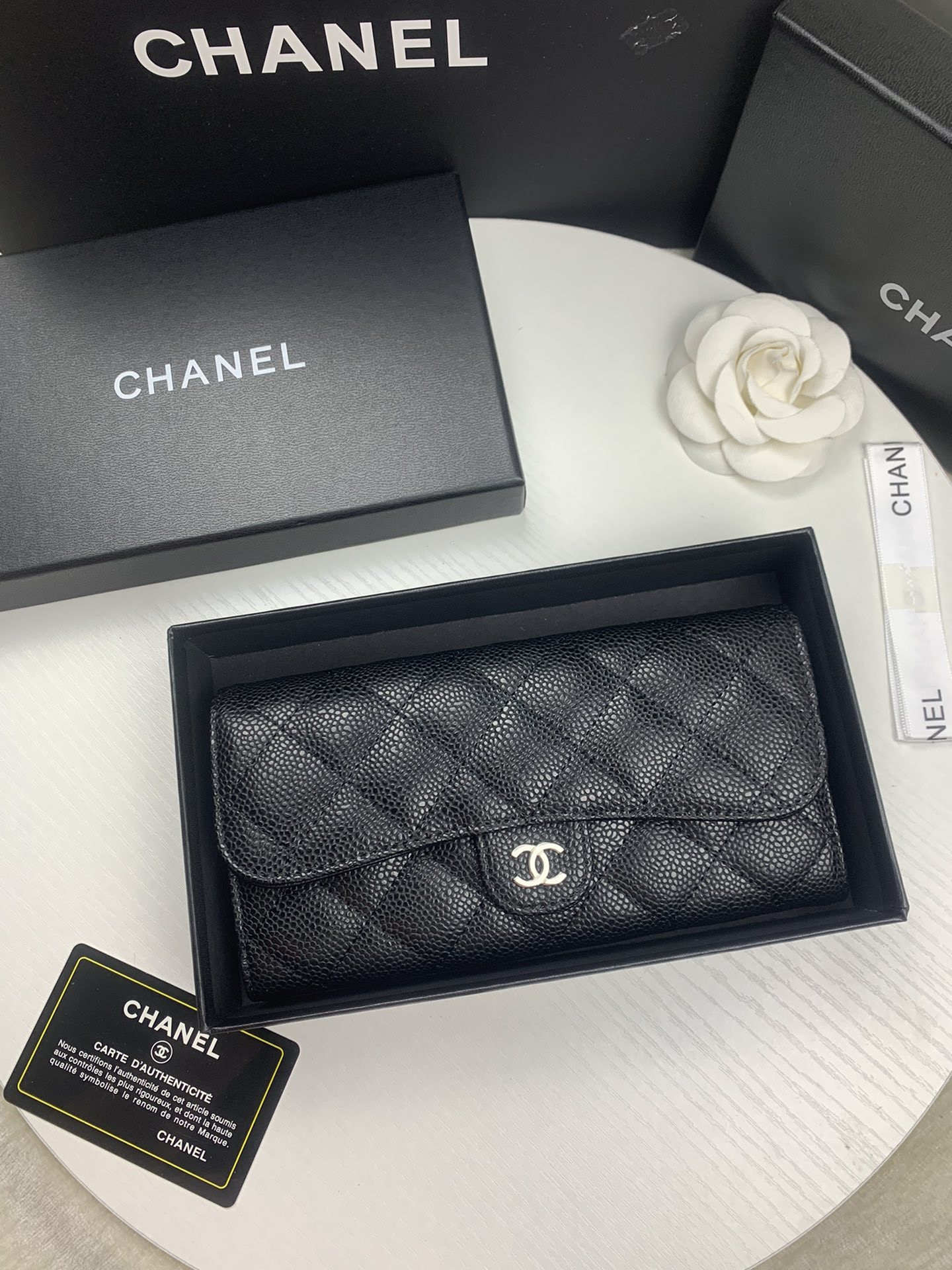 Ch**el FLAP WALLET GRAINED LEATHER BLACK 19.5 x10 cm