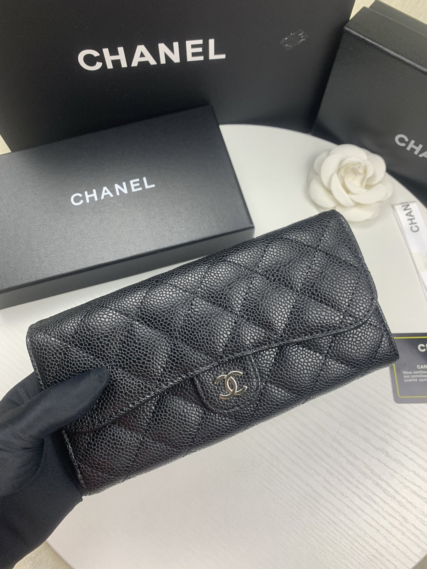 Ch**el FLAP WALLET GRAINED LEATHER BLACK 19.5 x10 cm