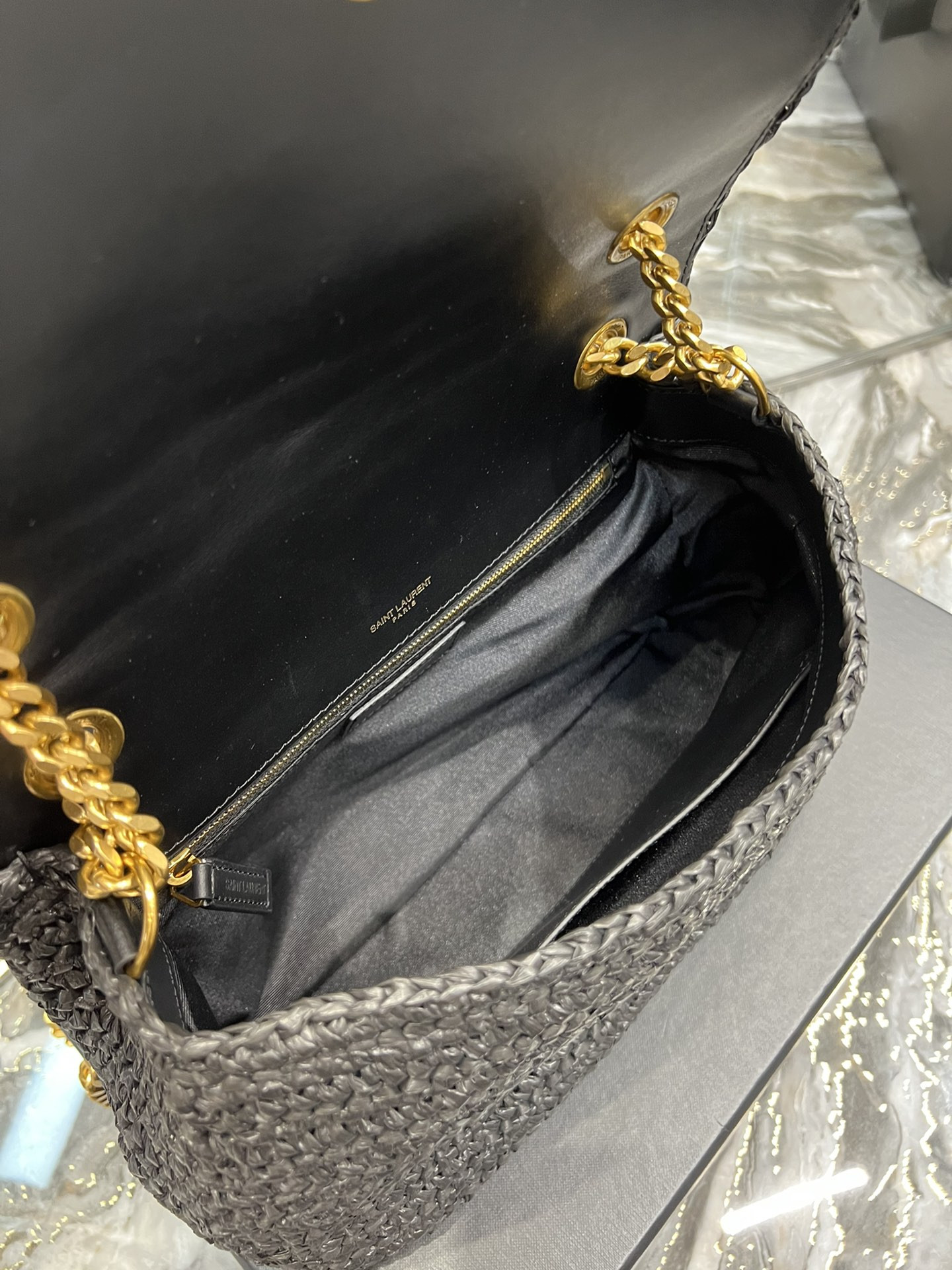 Y51 NIKI MEDIUM CHAIN BAG IN RAFFIA AND LEATHER BLACK 11 X 7.8 X 3.3 INCHES