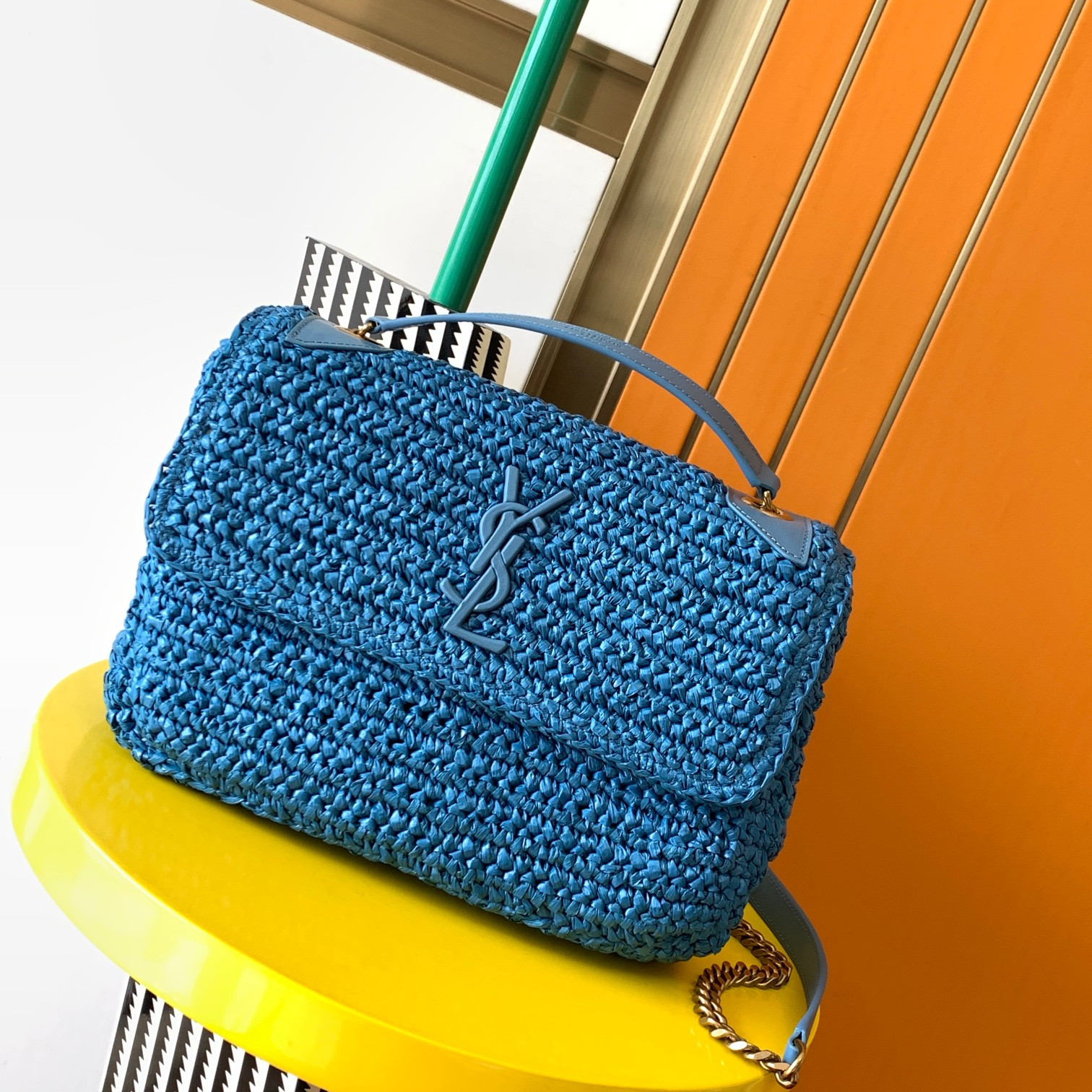 Y51 NIKI MEDIUM CHAIN BAG IN RAFFIA AND LEATHER BLUE 11 X 7.8 X 3.3 INCHES