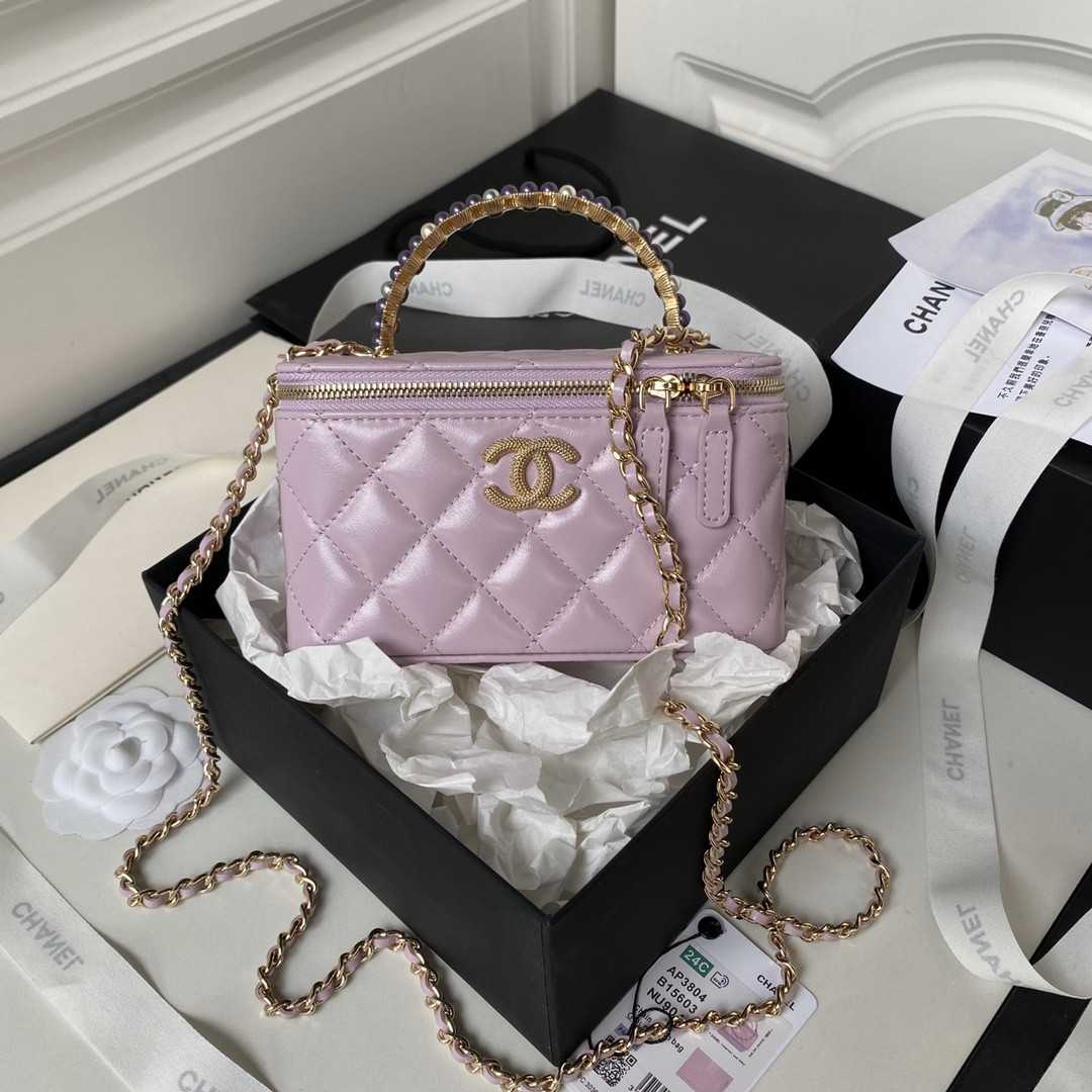 Ch**el 24P CHAIN LEATHER SQUARE BOX SHOULDER BAG PURPLE 16x10x8cm