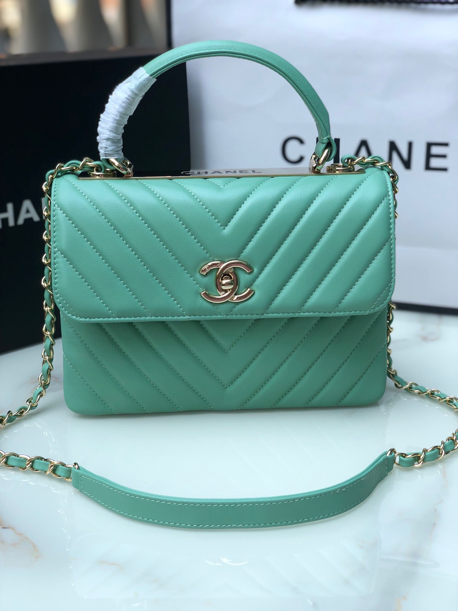 Ch**el FLAP BAG WITH TOP HANDLE BLUE SILVER 6.6 × 9.8 × 4.7 in