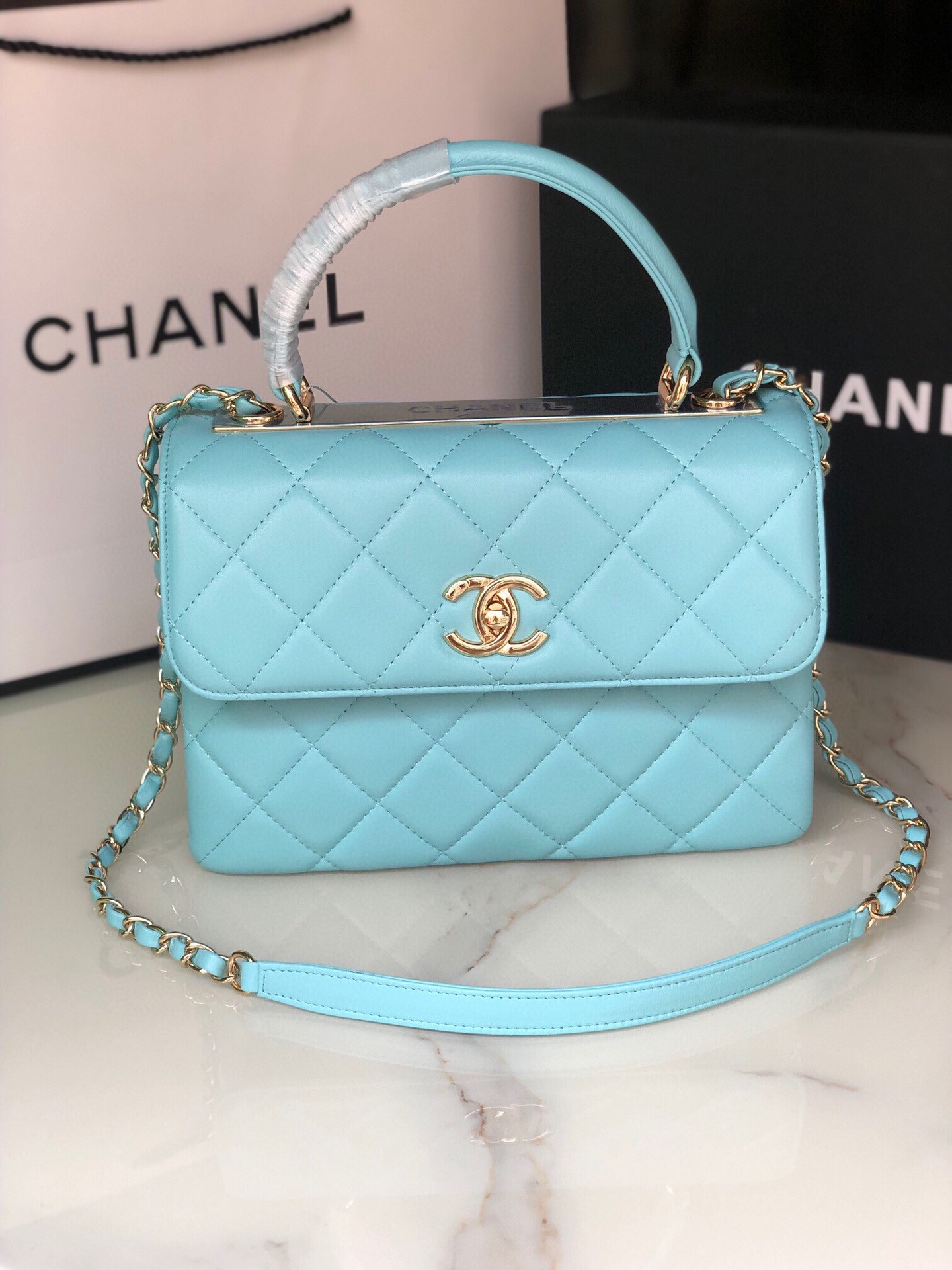 Ch**el FLAP BAG WITH TOP HANDLE 6.6 × 9.8 × 4.7 in