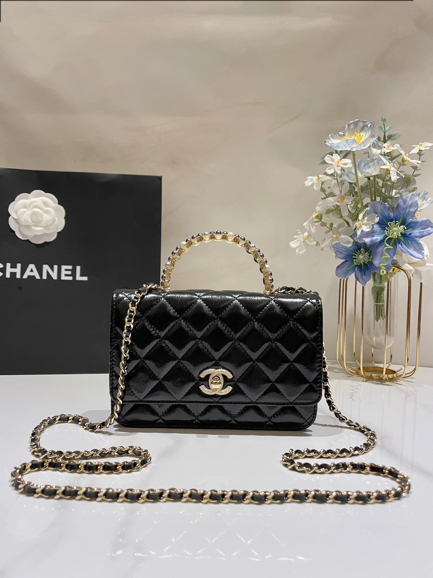 Ch**el CLASSIC WALLET ON CHAIN Rhinestone Handle BLACK 4.8 × 7.5 × 1.4