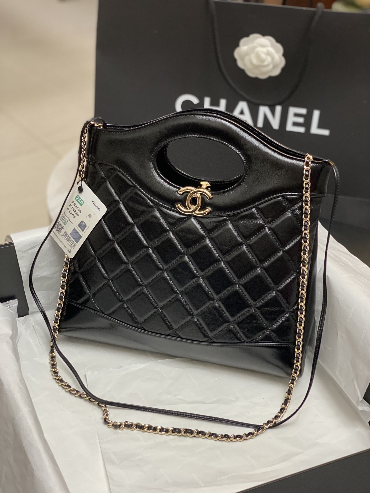 Ch**el SHOPPING BAG Shiny Lambskin & Gold-Tone Metal Black11.7 × 11.3 × 3.5 in