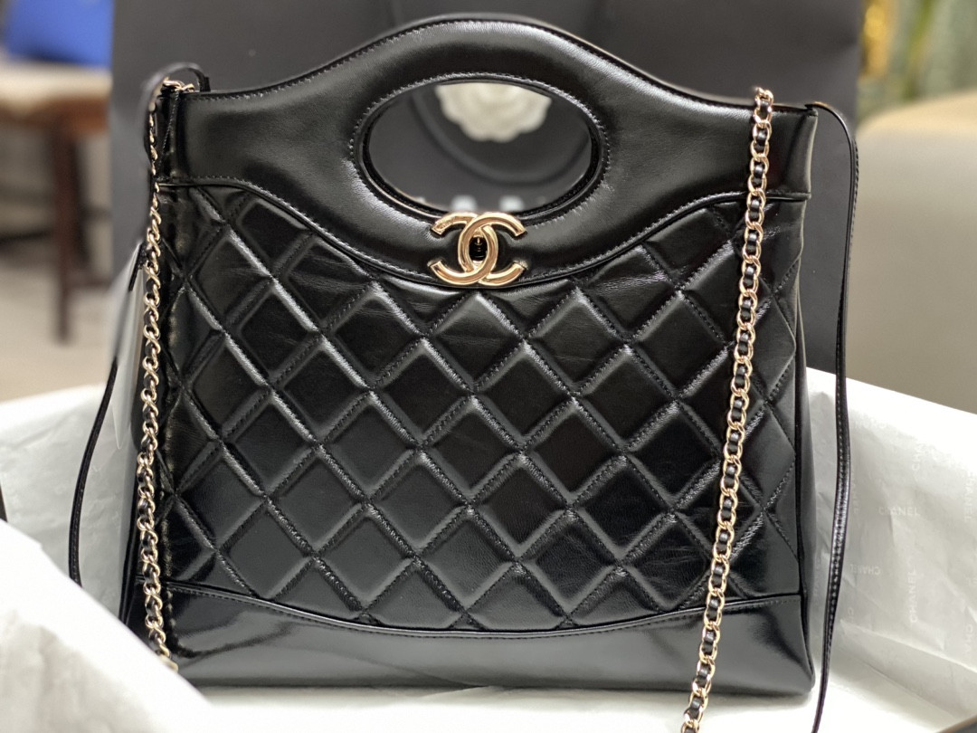 Ch**el SHOPPING BAG Shiny Lambskin & Gold-Tone Metal Black11.7 × 11.3 × 3.5 in