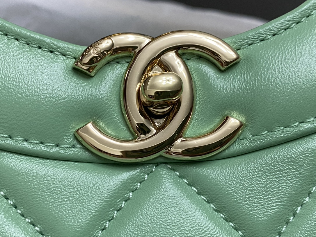 Ch**el SHOPPING BAG Shiny Lambskin & Gold-Tone Metal Light green 11.7 × 11.3 × 3.5 in