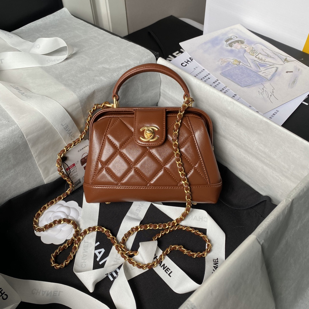 Ch**el MINI BAG WITH TOP HANDLE Shiny Lambskin & Gold-Tone Metal Brown 12 × 18 × 7 cm