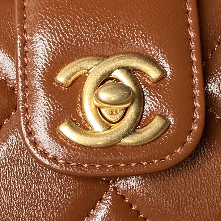 Ch**el MINI BAG WITH TOP HANDLE  Shiny Lambskin & Gold-Tone Metal Brown 12 × 18 × 7 cm