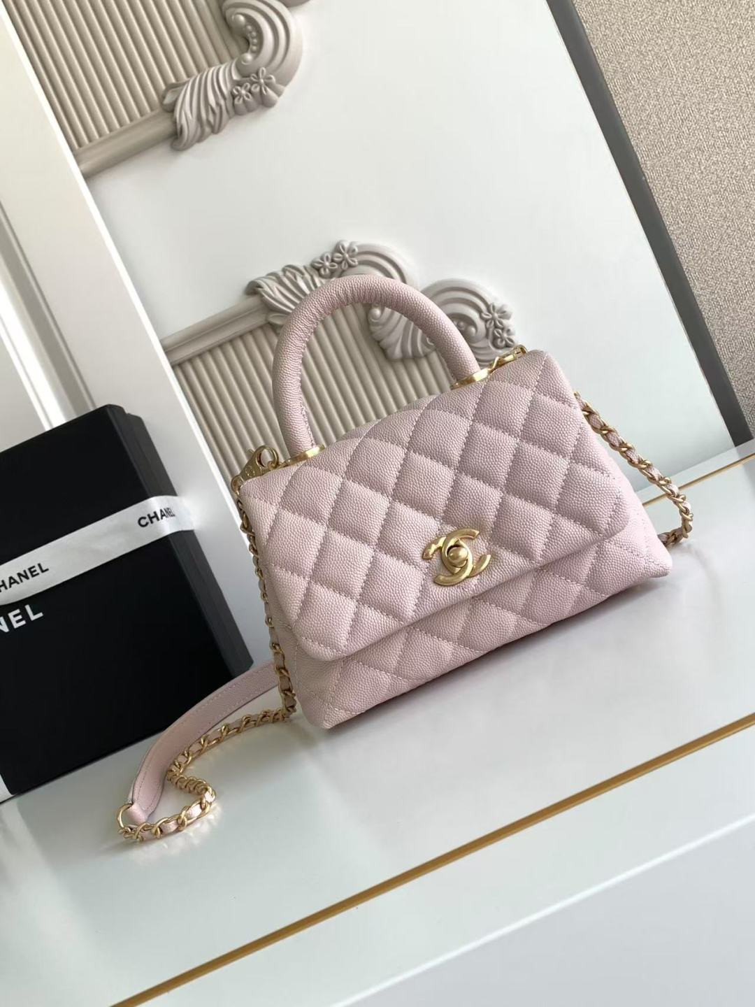 Ch**el Mini Flap Bag with Top Handle Grained Calfskin & Gold-Tone Metal AS2215 13x19x9cm