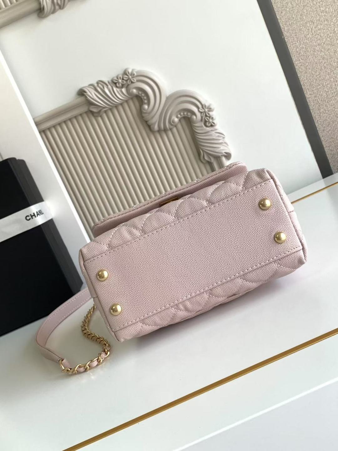 Ch**el Mini Flap Bag with Top Handle Grained Calfskin & Gold-Tone Metal AS2215 13x19x9cm