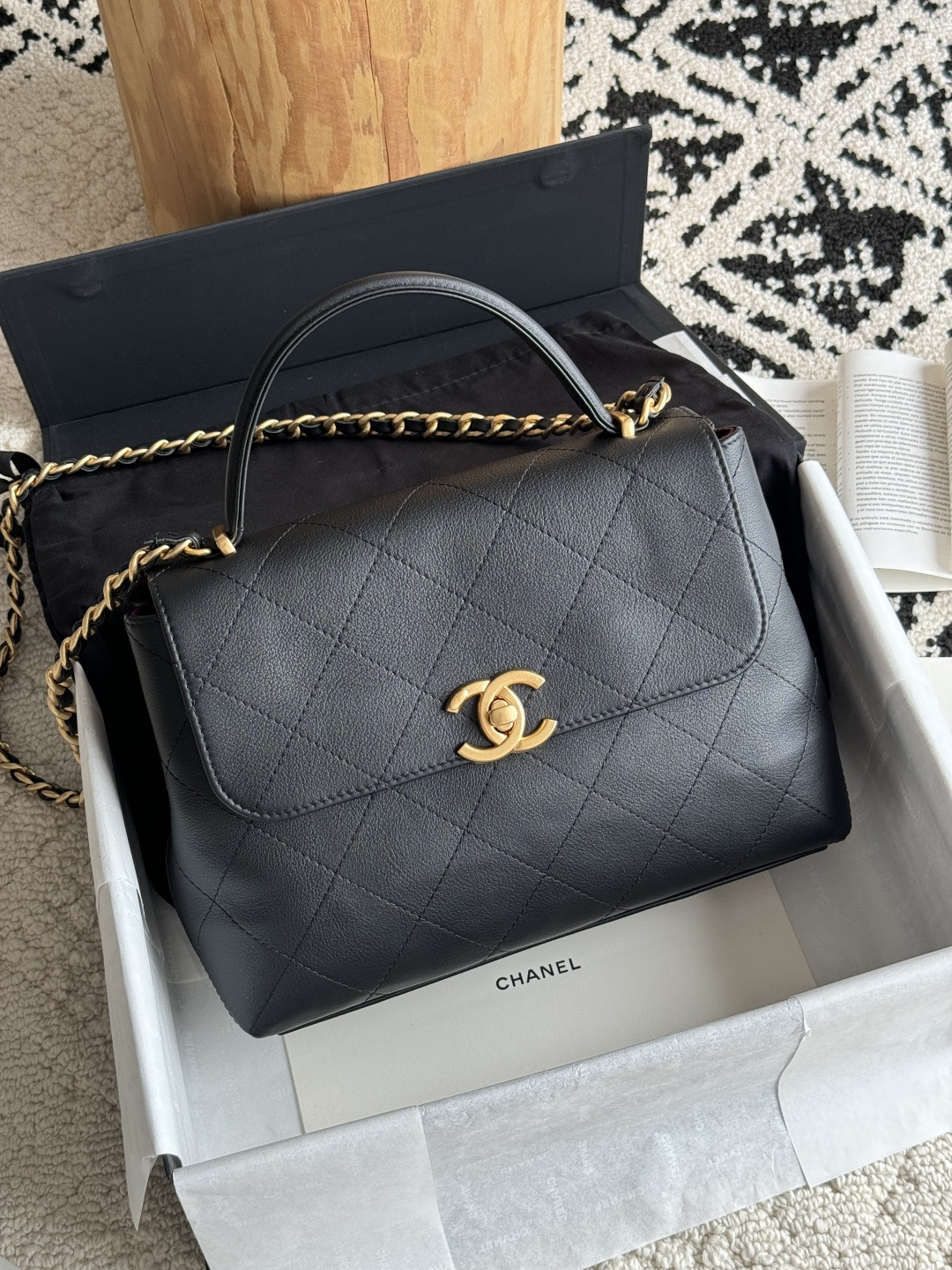 Ch**el Large Flap Bag with Top Handle Calfskin 20.5x28x9.5cm